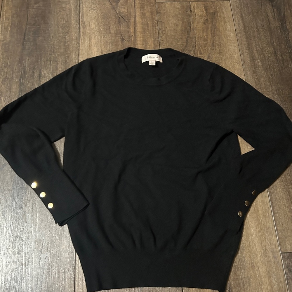 Philosophy Republic Black Crewneck Sweater with Gold Button Cuffs - Size M